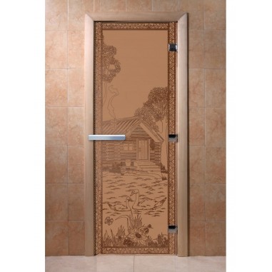 Дверь для бани DoorWood с рисунком Банька в лесу Бронза матовая, 1900x800 мм