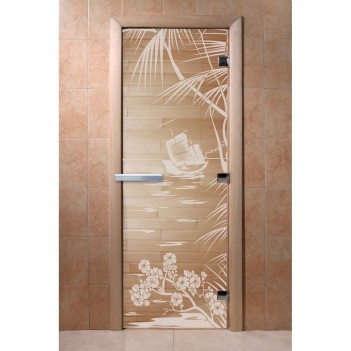 Дверь для бани DoorWood с рисунком Голубая лагуна Прозрачная, 2100x700 мм