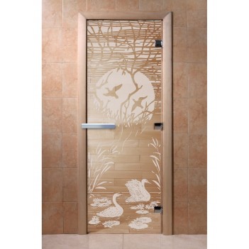 Дверь для бани DoorWood с рисунком Лебединое озеро Прозрачная, 2100x700 мм