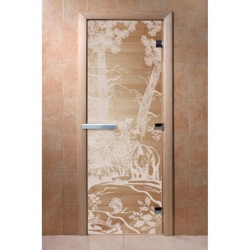 Дверь для бани DoorWood с рисунком Мишки Прозрачная, 1900x600 мм