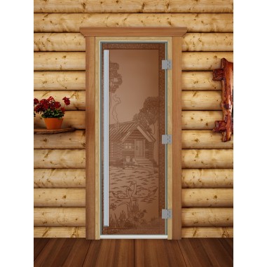 Дверь для бани DoorWood Престиж с рисунком Банька в лесу Бронза матовая, 1900x700 мм
