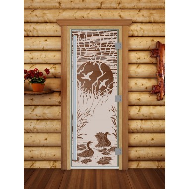 Дверь для бани DoorWood Престиж с рисунком Лебединое озеро Бронза матовая, 1900x700 мм