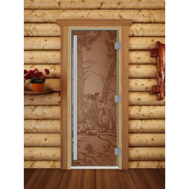 Дверь для бани DoorWood Престиж с рисунком Мишки в лесу Бронза матовая, 1900x700 мм