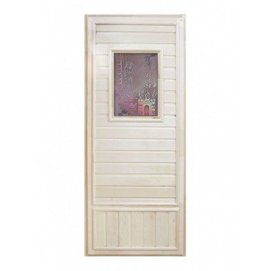 Дверь для бани DoorWood деревянная Вагонка эконом со стеклом Девушка в баньке (1850x750 мм)