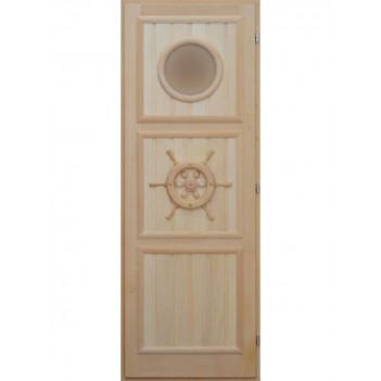 Дверь для бани DoorWood деревянная Массив с резьбой Штурвал (1850х750 мм)