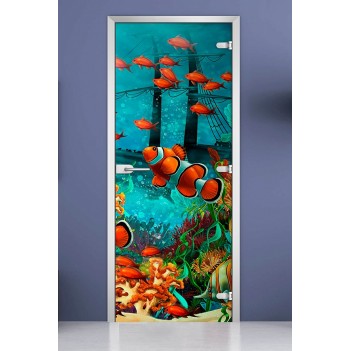 Стеклянная межкомнатная дверь DoorWood с фотопечатью Underwater World-18, 2000х600 мм